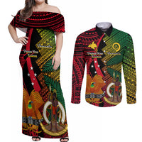 Vanuatu and Papua New Guinea Couples Matching Off Shoulder Maxi Dress and Long Sleeve Button Shirts Vanuatuan With PNG Polynesian Pattern LT14 Black - Polynesian Pride