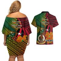 Vanuatu and Papua New Guinea Couples Matching Off Shoulder Short Dress and Hawaiian Shirt Vanuatuan With PNG Polynesian Pattern LT14 - Polynesian Pride