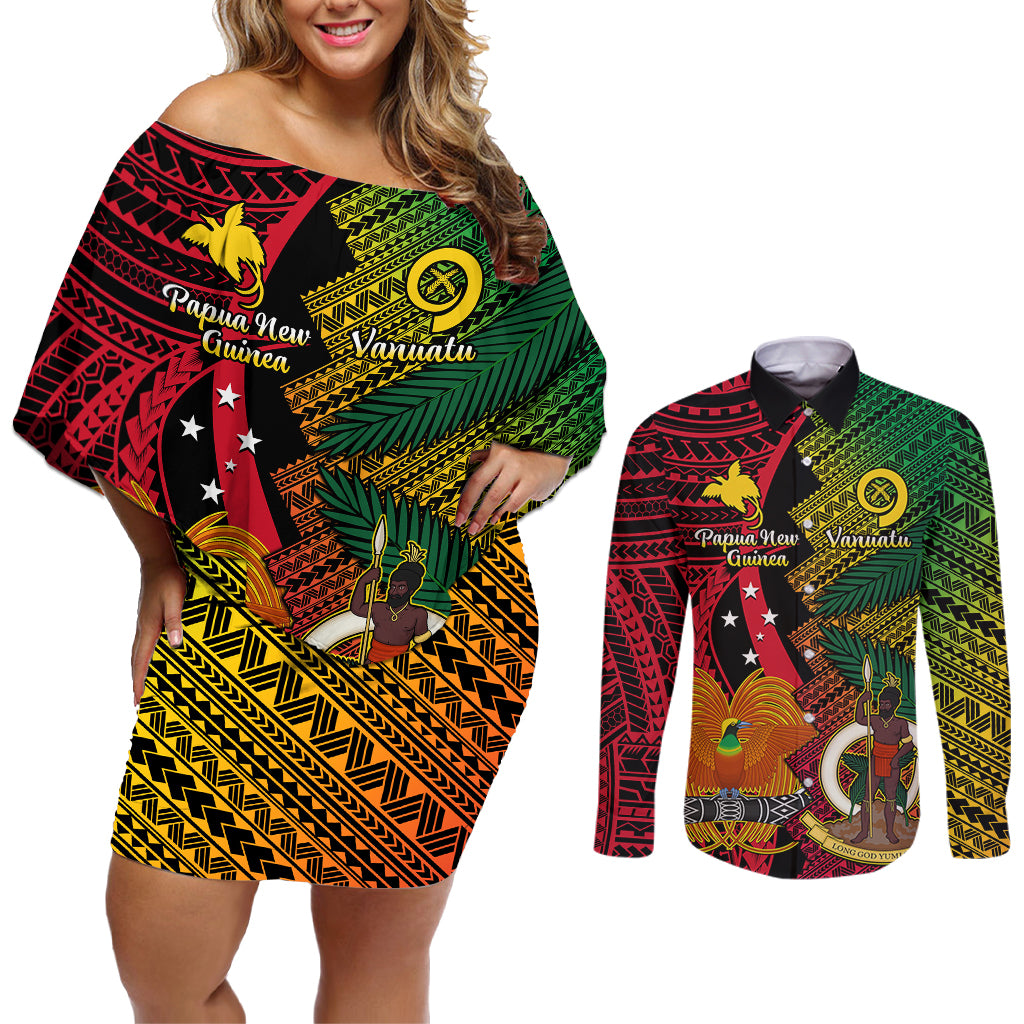 Vanuatu and Papua New Guinea Couples Matching Off Shoulder Short Dress and Long Sleeve Button Shirts Vanuatuan With PNG Polynesian Pattern LT14 Black - Polynesian Pride