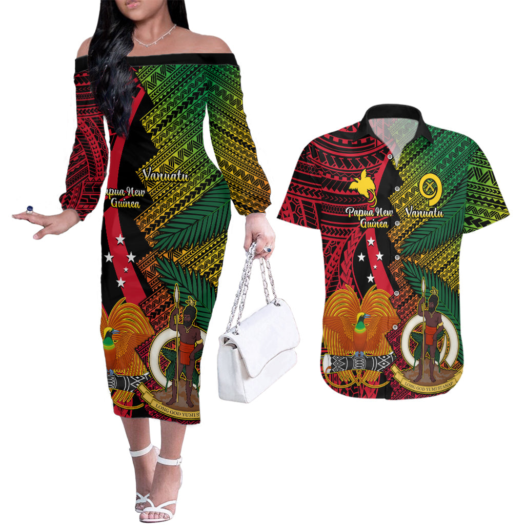 Vanuatu and Papua New Guinea Couples Matching Off The Shoulder Long Sleeve Dress and Hawaiian Shirt Vanuatuan With PNG Polynesian Pattern LT14 Black - Polynesian Pride