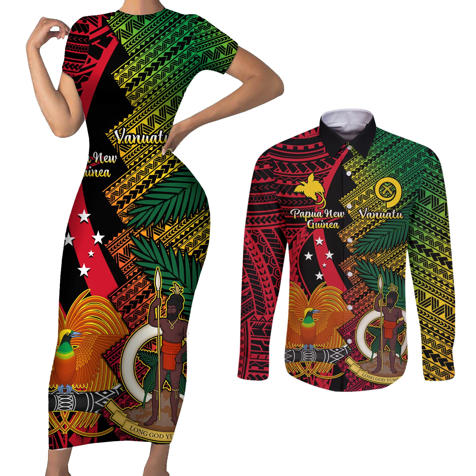 Vanuatu and Papua New Guinea Couples Matching Short Sleeve Bodycon Dress and Long Sleeve Button Shirts Vanuatuan With PNG Polynesian Pattern LT14 Black - Polynesian Pride