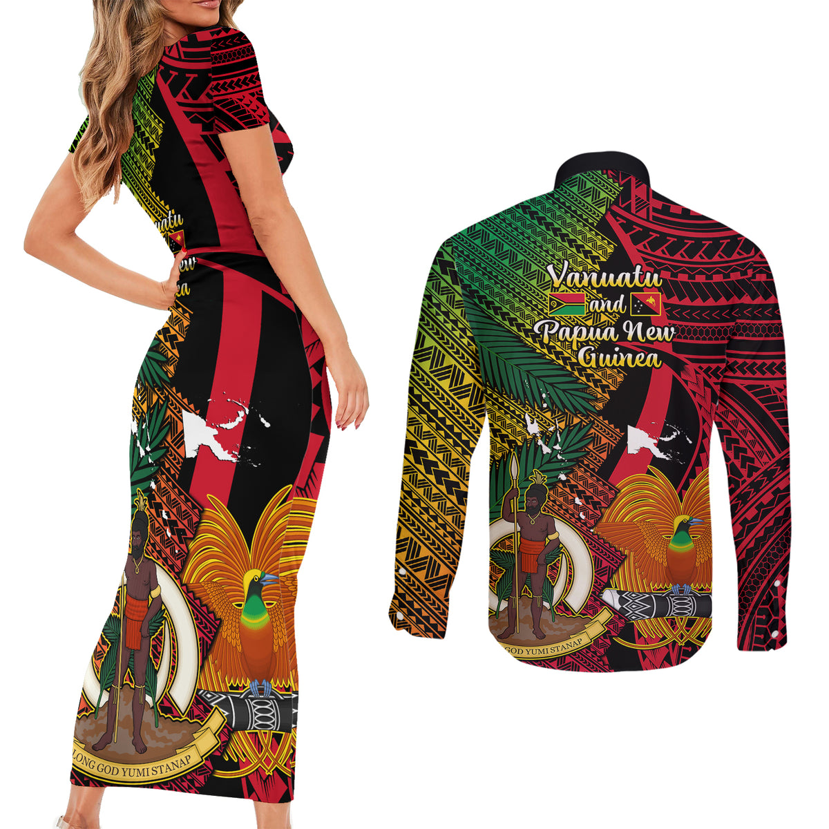 Vanuatu and Papua New Guinea Couples Matching Short Sleeve Bodycon Dress and Long Sleeve Button Shirts Vanuatuan With PNG Polynesian Pattern LT14 - Polynesian Pride