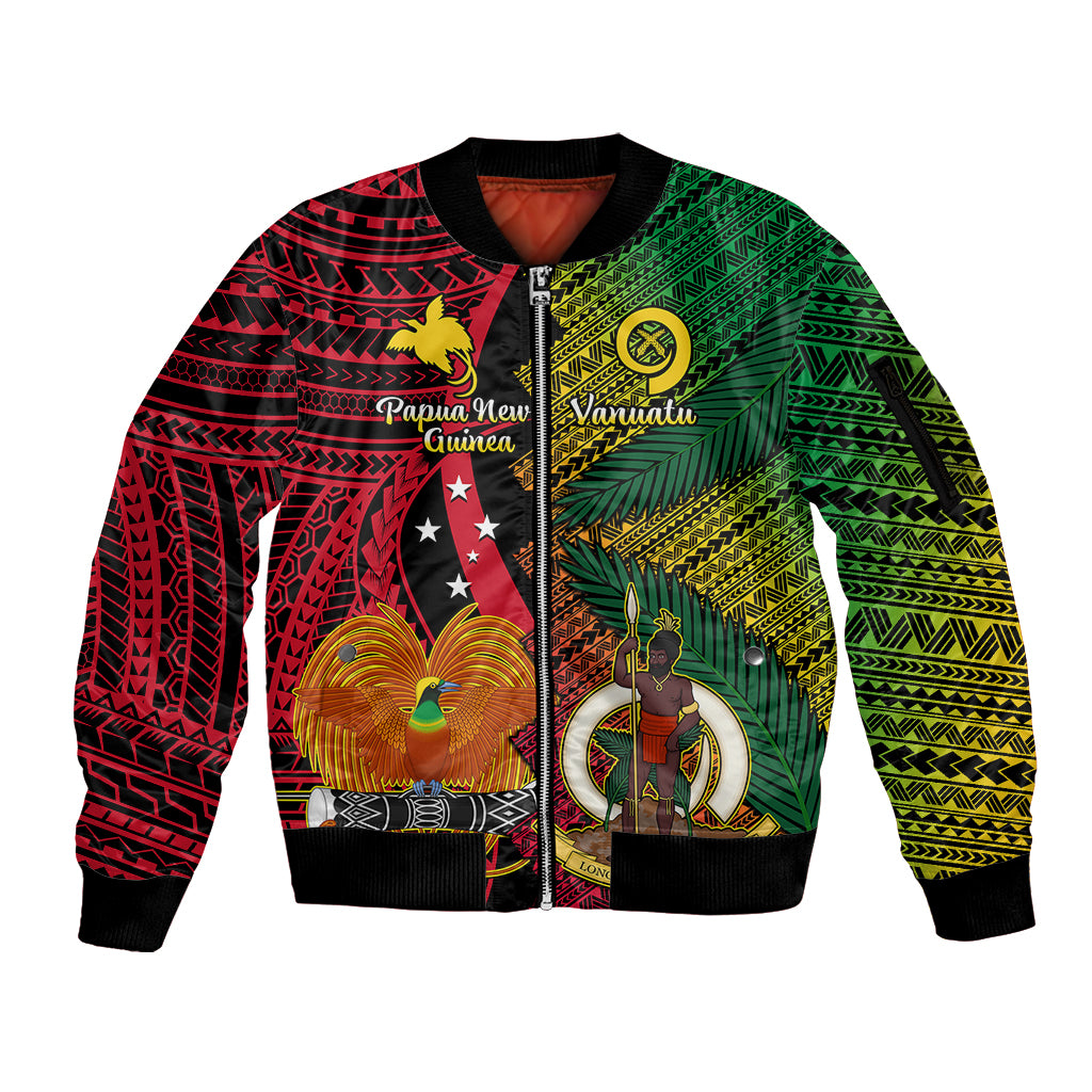 Vanuatu and Papua New Guinea Sleeve Zip Bomber Jacket Vanuatuan With PNG Polynesian Pattern LT14 Unisex Black - Polynesian Pride