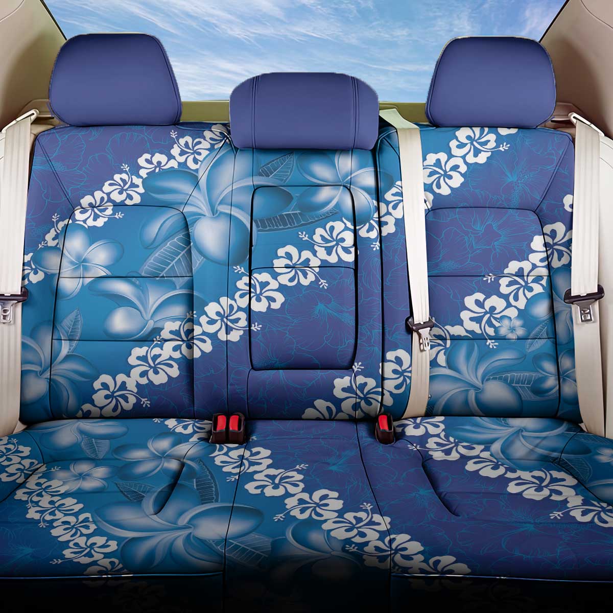 Vintage Blue Polynesia Back Car Seat Cover Plumeria With Hibiscus Tropical Vibes