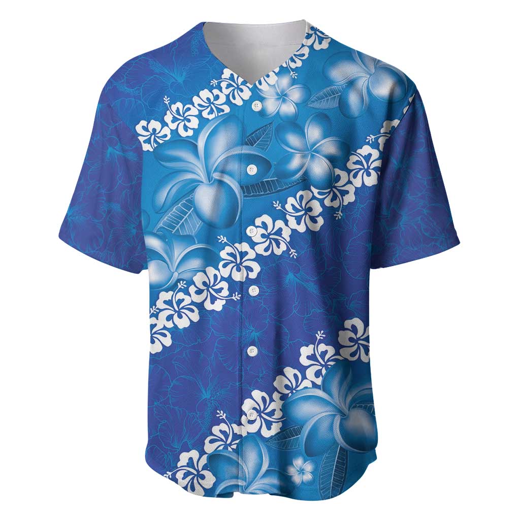 Vintage Blue Polynesia Baseball Jersey Plumeria With Hibiscus Tropical Vibes LT14 Blue - Polynesian Pride