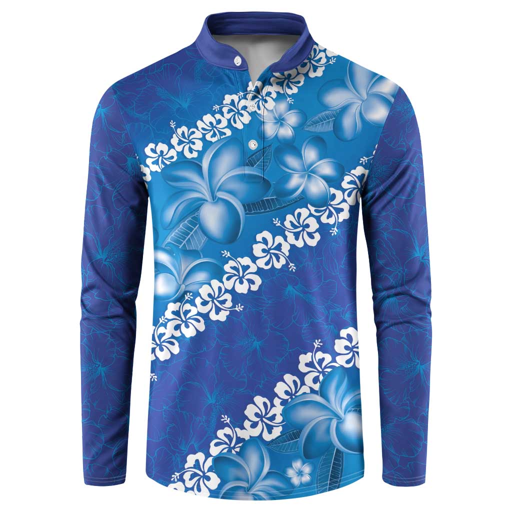 Vintage Blue Polynesia Button Sweatshirt Plumeria With Hibiscus Tropical Vibes