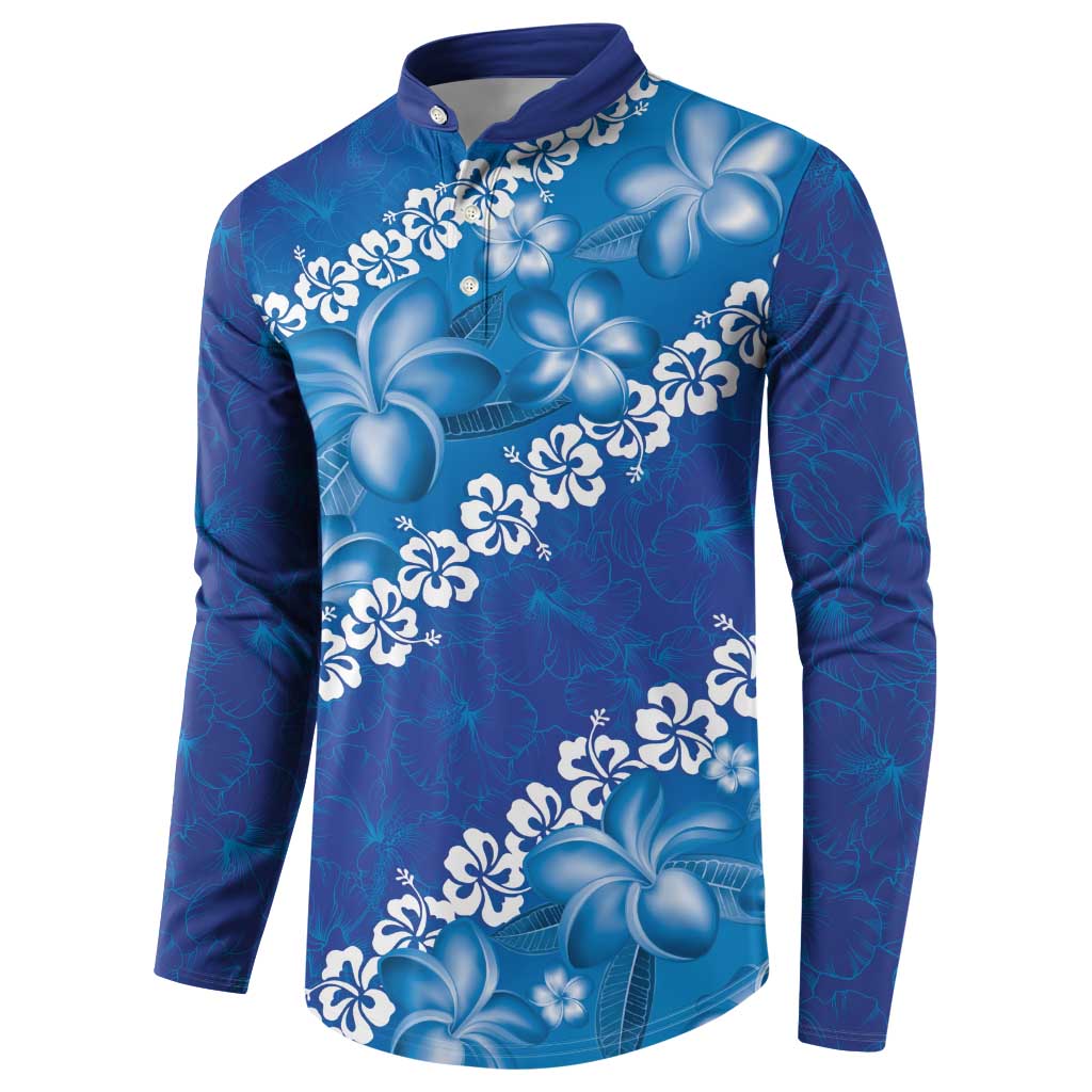 Vintage Blue Polynesia Button Sweatshirt Plumeria With Hibiscus Tropical Vibes