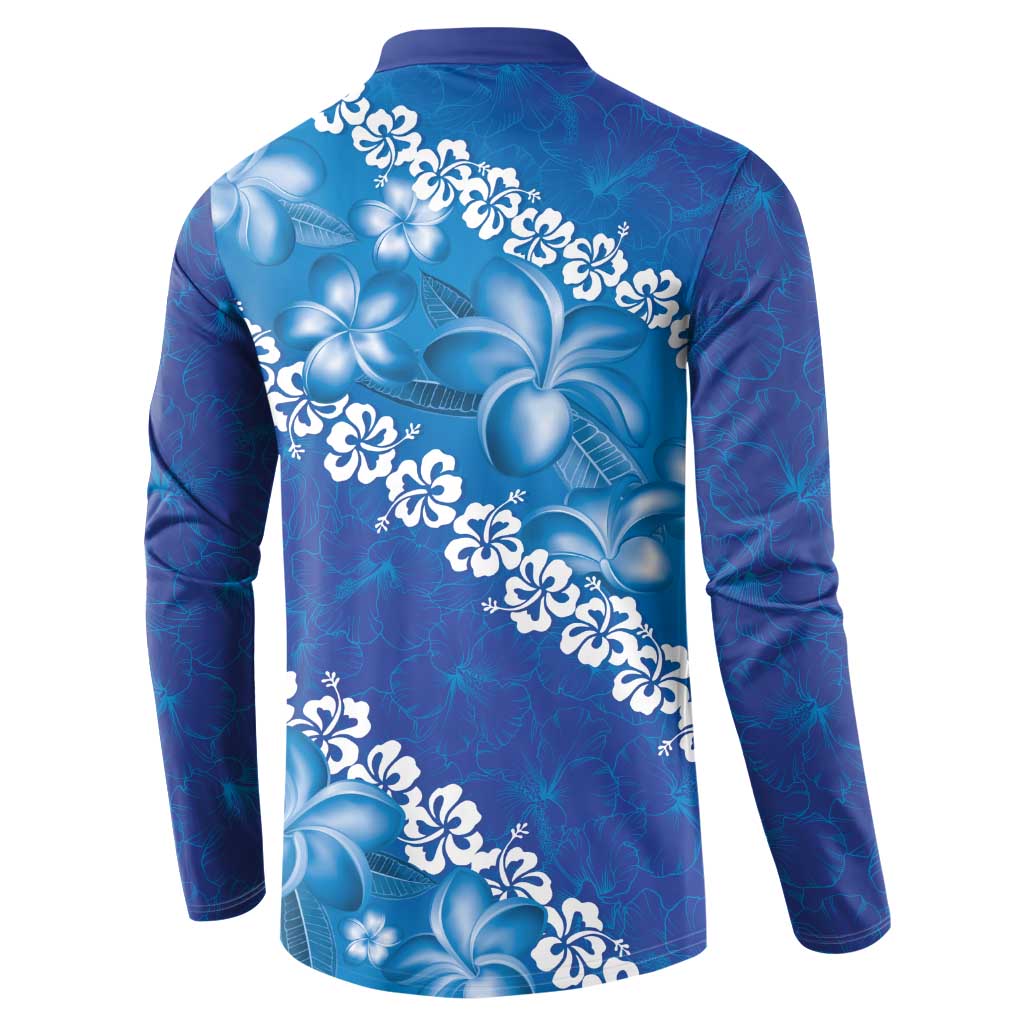 Vintage Blue Polynesia Button Sweatshirt Plumeria With Hibiscus Tropical Vibes