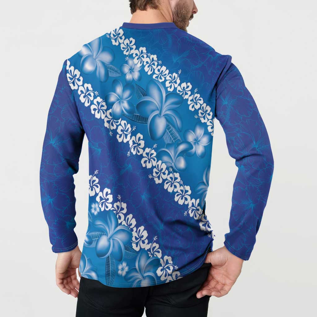 Vintage Blue Polynesia Button Sweatshirt Plumeria With Hibiscus Tropical Vibes