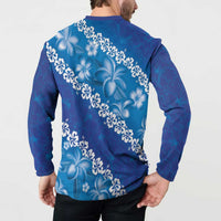Vintage Blue Polynesia Button Sweatshirt Plumeria With Hibiscus Tropical Vibes