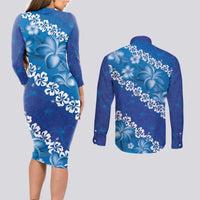 Vintage Blue Polynesia Couples Matching Long Sleeve Bodycon Dress and Long Sleeve Button Shirt Plumeria With Hibiscus Tropical Vibes LT14 - Polynesian Pride