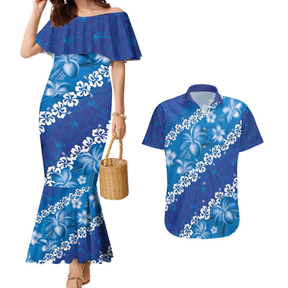 Vintage Blue Polynesia Couples Matching Mermaid Dress and Hawaiian Shirt Plumeria With Hibiscus Tropical Vibes