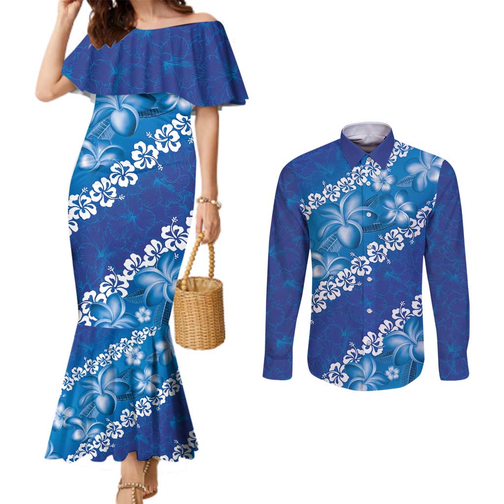 Vintage Blue Polynesia Couples Matching Mermaid Dress and Long Sleeve Button Shirt Plumeria With Hibiscus Tropical Vibes LT14 Blue - Polynesian Pride
