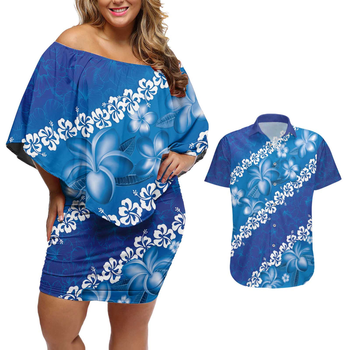 Vintage Blue Polynesia Couples Matching Off Shoulder Short Dress and Hawaiian Shirt Plumeria With Hibiscus Tropical Vibes LT14 Blue - Polynesian Pride