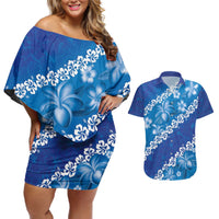 Vintage Blue Polynesia Couples Matching Off Shoulder Short Dress and Hawaiian Shirt Plumeria With Hibiscus Tropical Vibes LT14 Blue - Polynesian Pride
