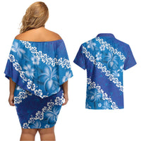 Vintage Blue Polynesia Couples Matching Off Shoulder Short Dress and Hawaiian Shirt Plumeria With Hibiscus Tropical Vibes LT14 - Polynesian Pride