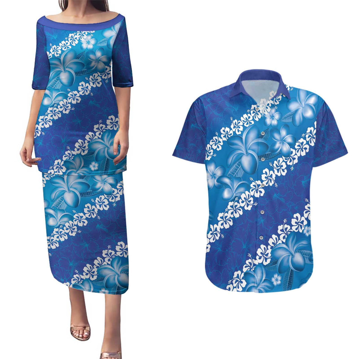 Vintage Blue Polynesia Couples Matching Puletasi and Hawaiian Shirt Plumeria With Hibiscus Tropical Vibes LT14 Blue - Polynesian Pride