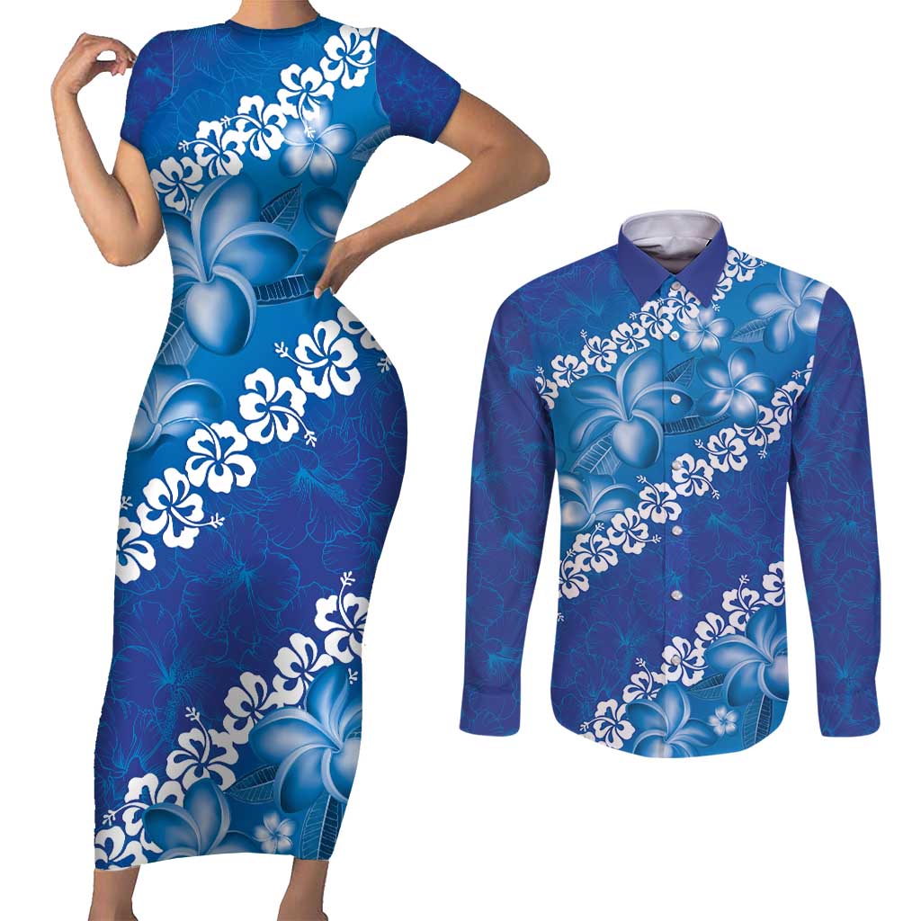 Vintage Blue Polynesia Couples Matching Short Sleeve Bodycon Dress and Long Sleeve Button Shirt Plumeria With Hibiscus Tropical Vibes LT14 Blue - Polynesian Pride