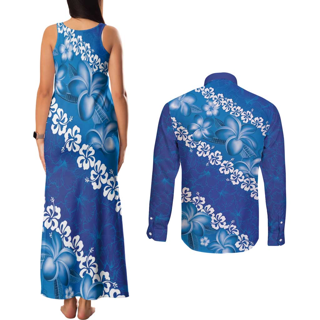 Vintage Blue Polynesia Couples Matching Tank Maxi Dress and Long Sleeve Button Shirt Plumeria With Hibiscus Tropical Vibes LT14 - Polynesian Pride