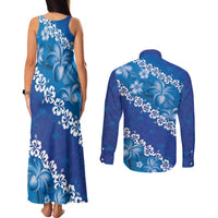Vintage Blue Polynesia Couples Matching Tank Maxi Dress and Long Sleeve Button Shirt Plumeria With Hibiscus Tropical Vibes LT14 - Polynesian Pride