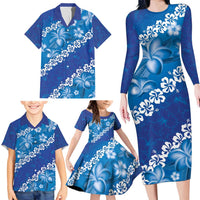 Vintage Blue Polynesia Family Matching Long Sleeve Bodycon Dress and Hawaiian Shirt Plumeria With Hibiscus Tropical Vibes LT14 - Polynesian Pride