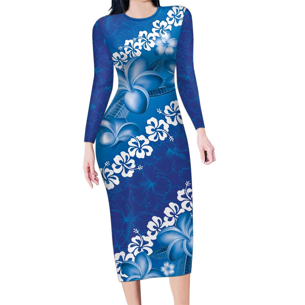 Vintage Blue Polynesia Family Matching Long Sleeve Bodycon Dress and Hawaiian Shirt Plumeria With Hibiscus Tropical Vibes LT14 Mom's Dress Blue - Polynesian Pride