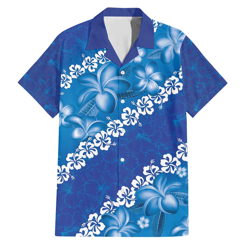Vintage Blue Polynesia Family Matching Mermaid Dress and Hawaiian Shirt Plumeria With Hibiscus Tropical Vibes LT14 Dad's Shirt - Short Sleeve Blue - Polynesian Pride