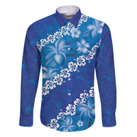 Vintage Blue Polynesia Family Matching Mermaid Dress and Hawaiian Shirt Plumeria With Hibiscus Tropical Vibes LT14 Dad's Shirt - Long Sleeve Blue - Polynesian Pride
