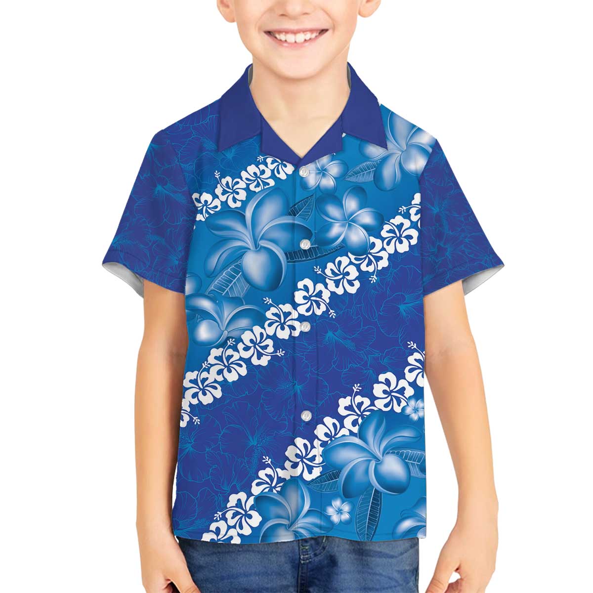 Vintage Blue Polynesia Family Matching Puletasi and Hawaiian Shirt Plumeria With Hibiscus Tropical Vibes