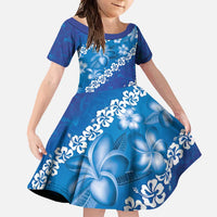 Vintage Blue Polynesia Family Matching Short Sleeve Bodycon Dress and Hawaiian Shirt Plumeria With Hibiscus Tropical Vibes LT14 Daughter's Dress Blue - Polynesian Pride
