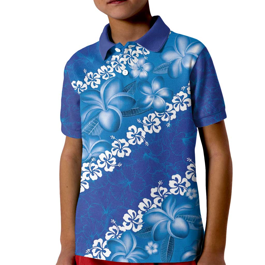 Vintage Blue Polynesia Kid Polo Shirt Plumeria With Hibiscus Tropical Vibes LT14 Kid Blue - Polynesian Pride