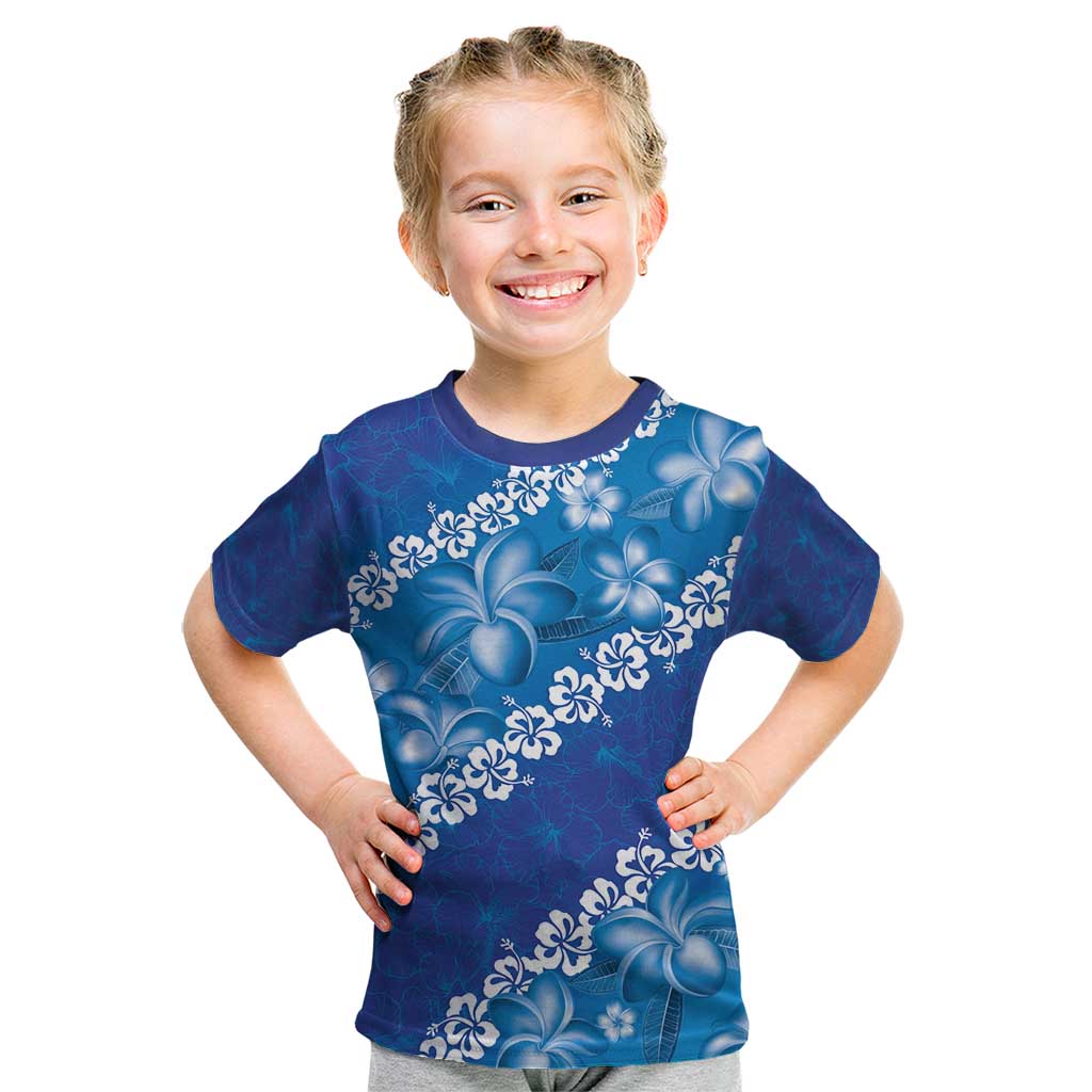 Vintage Blue Polynesia Kid T Shirt Plumeria With Hibiscus Tropical Vibes LT14 Blue - Polynesian Pride