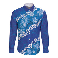 Vintage Blue Polynesia Long Sleeve Button Shirt Plumeria With Hibiscus Tropical Vibes LT14 Unisex Blue - Polynesian Pride