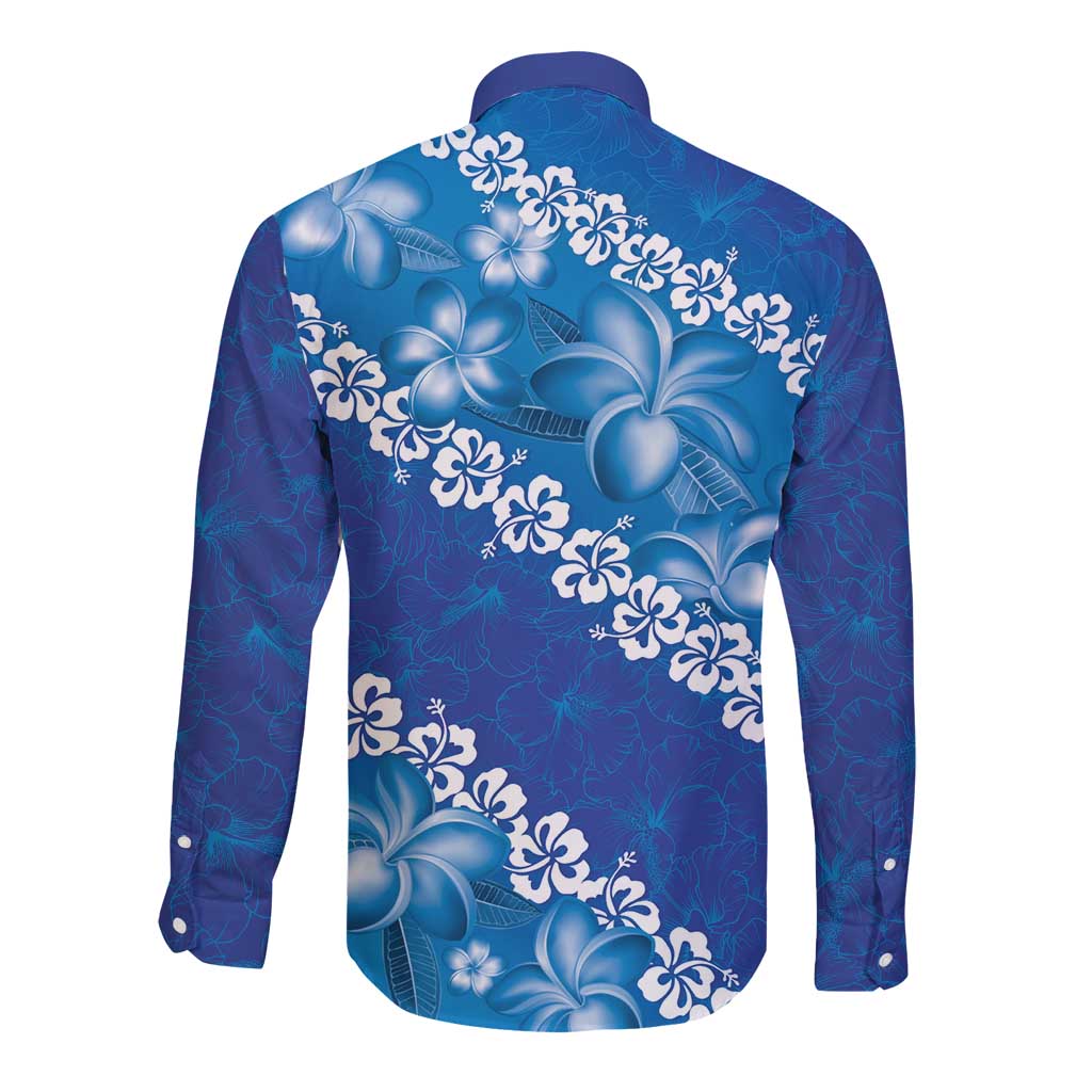Vintage Blue Polynesia Long Sleeve Button Shirt Plumeria With Hibiscus Tropical Vibes LT14 - Polynesian Pride