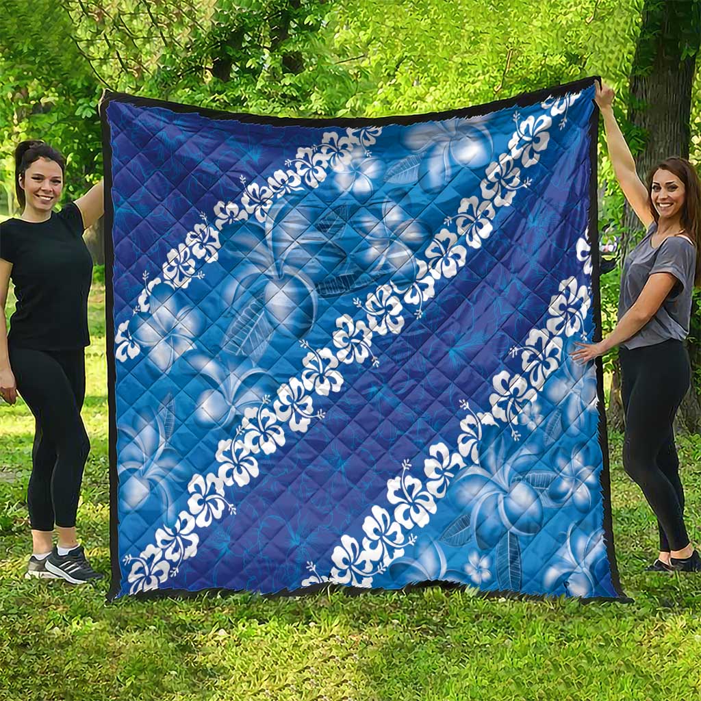 Vintage Blue Polynesia Quilt Plumeria With Hibiscus Tropical Vibes LT14 - Polynesian Pride