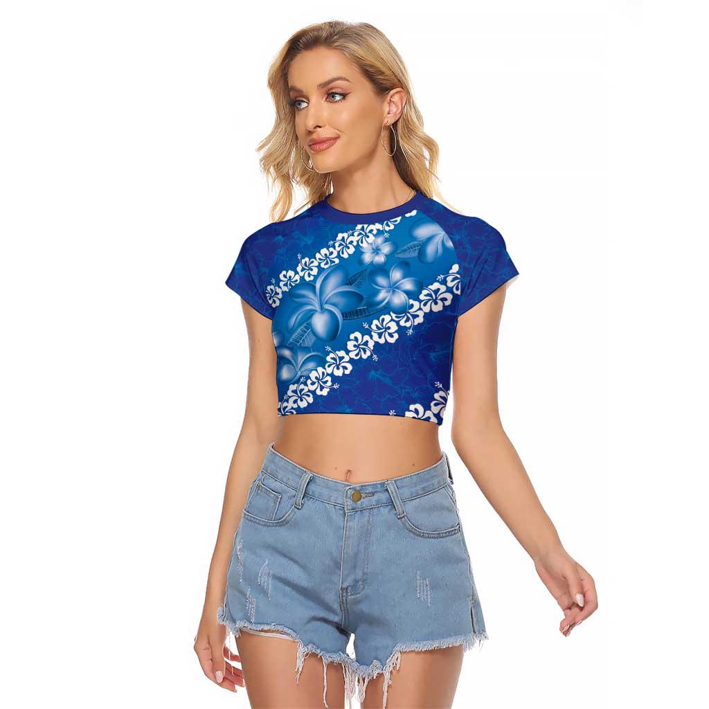 Vintage Blue Polynesia Raglan Cropped T Shirt Plumeria With Hibiscus Tropical Vibes LT14 Female Blue - Polynesian Pride