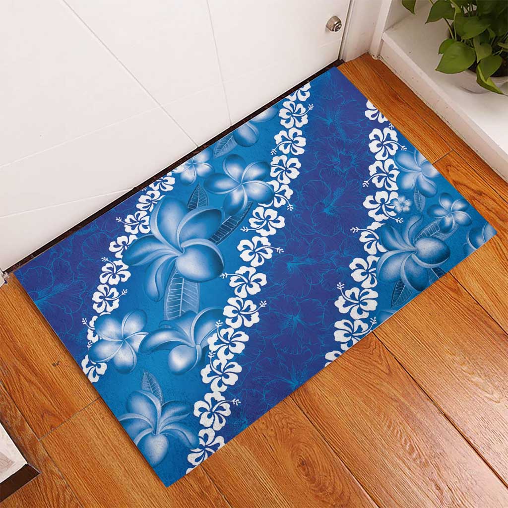 Vintage Blue Polynesia Rubber Doormat Plumeria With Hibiscus Tropical Vibes