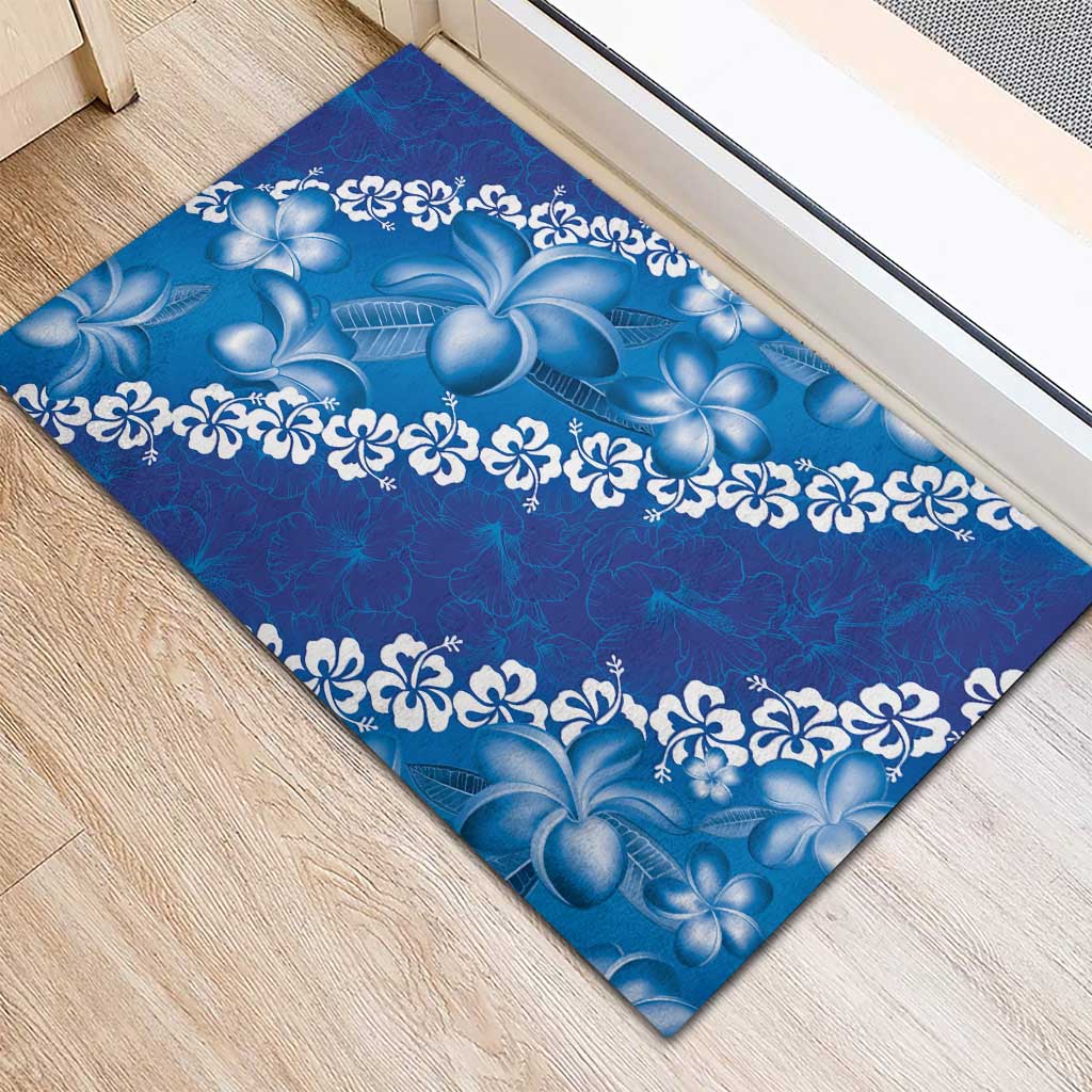 Vintage Blue Polynesia Rubber Doormat Plumeria With Hibiscus Tropical Vibes