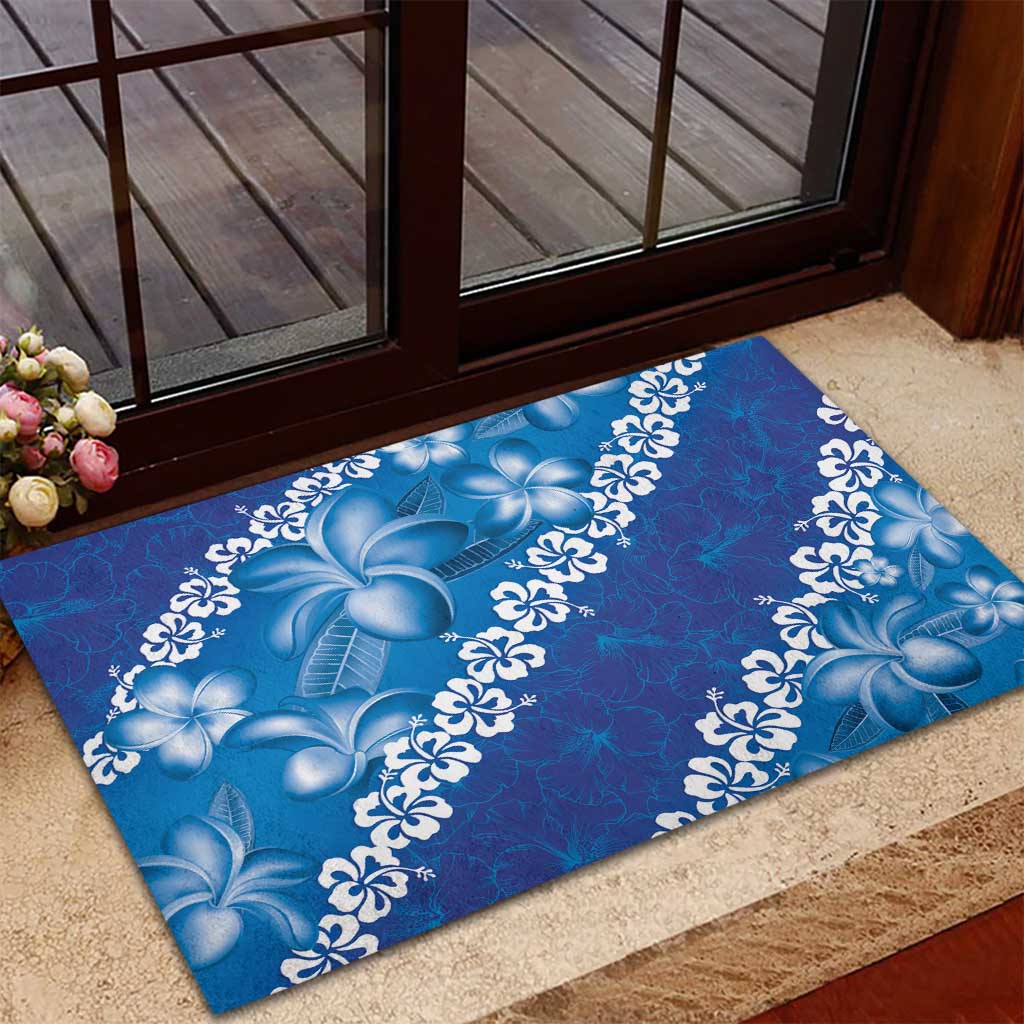 Vintage Blue Polynesia Rubber Doormat Plumeria With Hibiscus Tropical Vibes