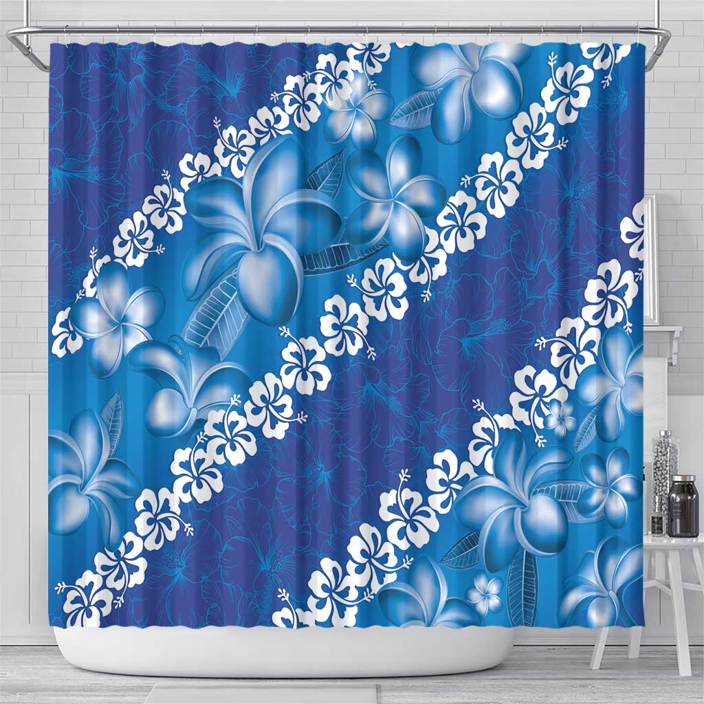 Vintage Blue Polynesia Shower Curtain Plumeria With Hibiscus Tropical Vibes LT14 - Polynesian Pride