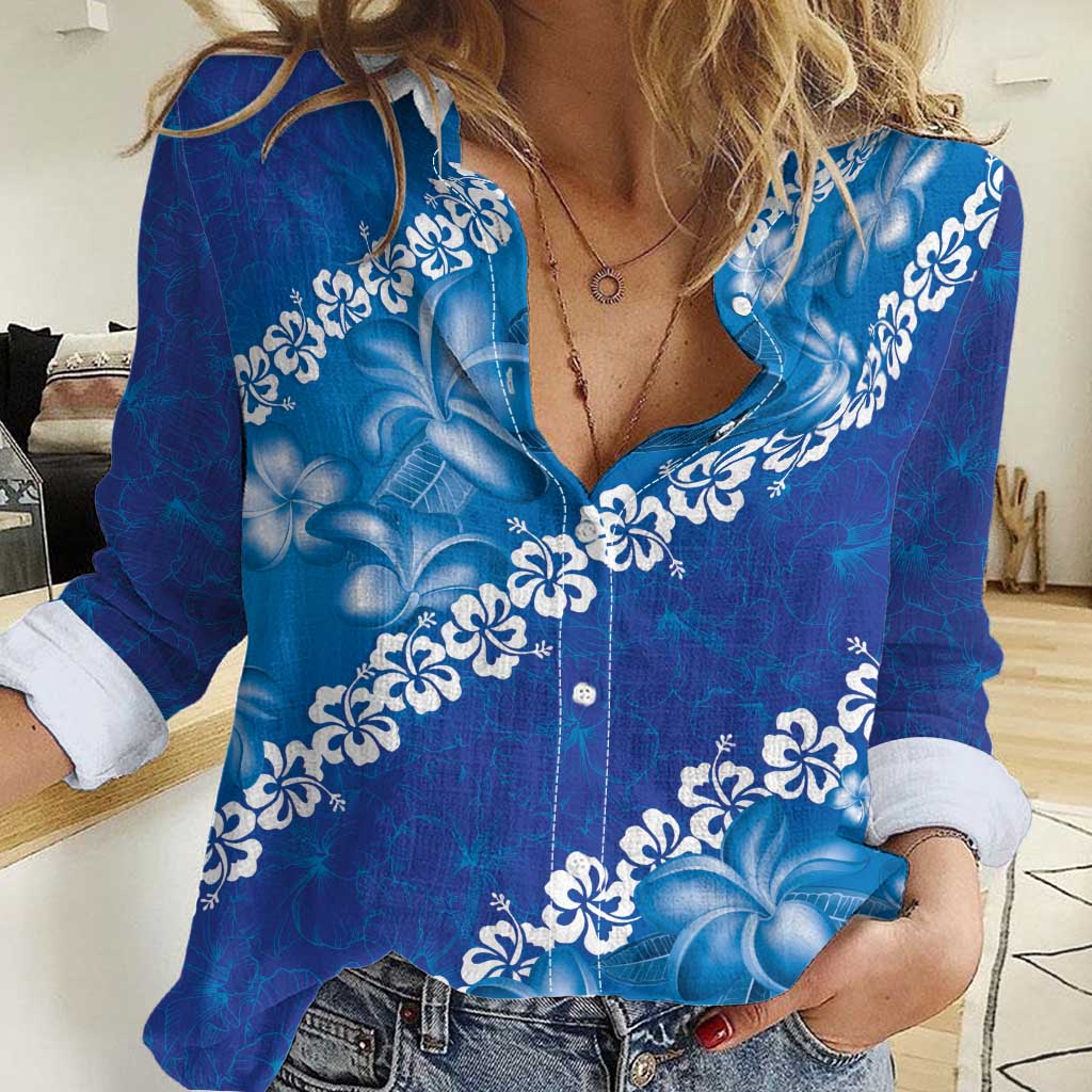 Vintage Blue Polynesia Women Casual Shirt Plumeria With Hibiscus Tropical Vibes LT14 Female Blue - Polynesian Pride