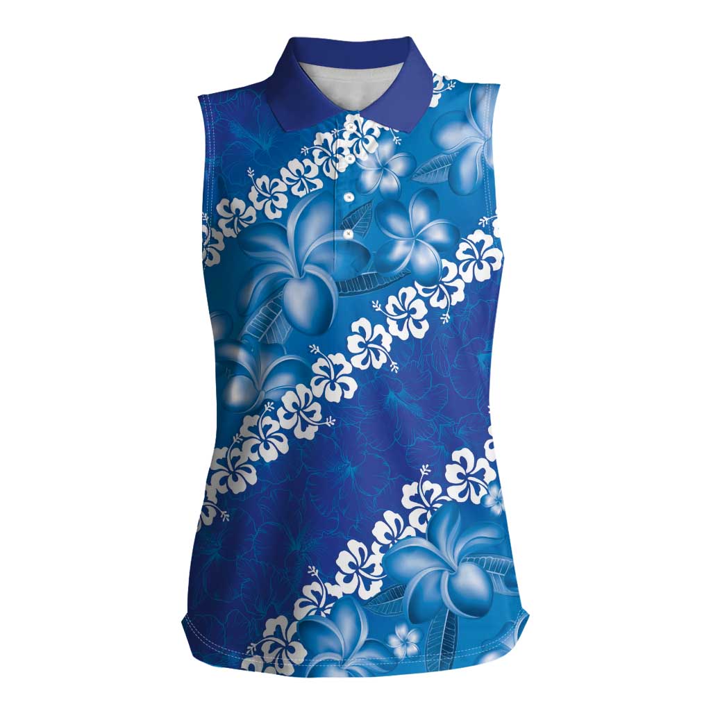 Vintage Blue Polynesia Women Sleeveless Polo Shirt Plumeria With Hibiscus Tropical Vibes LT14 Female Blue - Polynesian Pride