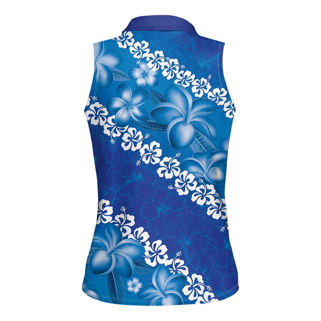 Vintage Blue Polynesia Women Sleeveless Polo Shirt Plumeria With Hibiscus Tropical Vibes LT14 - Polynesian Pride