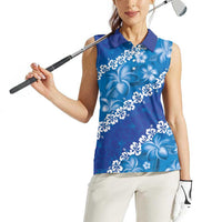 Vintage Blue Polynesia Women Sleeveless Polo Shirt Plumeria With Hibiscus Tropical Vibes LT14 - Polynesian Pride