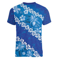 Vintage Blue Polynesia Women V-Neck T-Shirt Plumeria With Hibiscus Tropical Vibes LT14 - Polynesian Pride