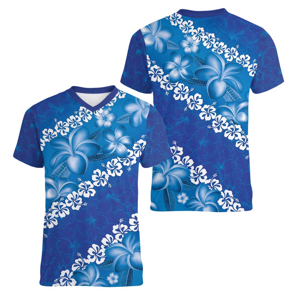 Vintage Blue Polynesia Women V-Neck T-Shirt Plumeria With Hibiscus Tropical Vibes LT14 - Polynesian Pride