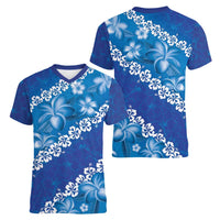 Vintage Blue Polynesia Women V-Neck T-Shirt Plumeria With Hibiscus Tropical Vibes LT14 - Polynesian Pride