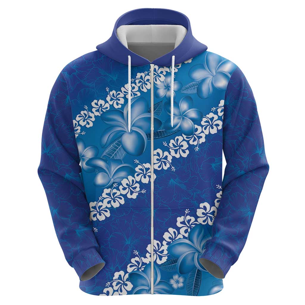 Vintage Blue Polynesia Zip Hoodie Plumeria With Hibiscus Tropical Vibes