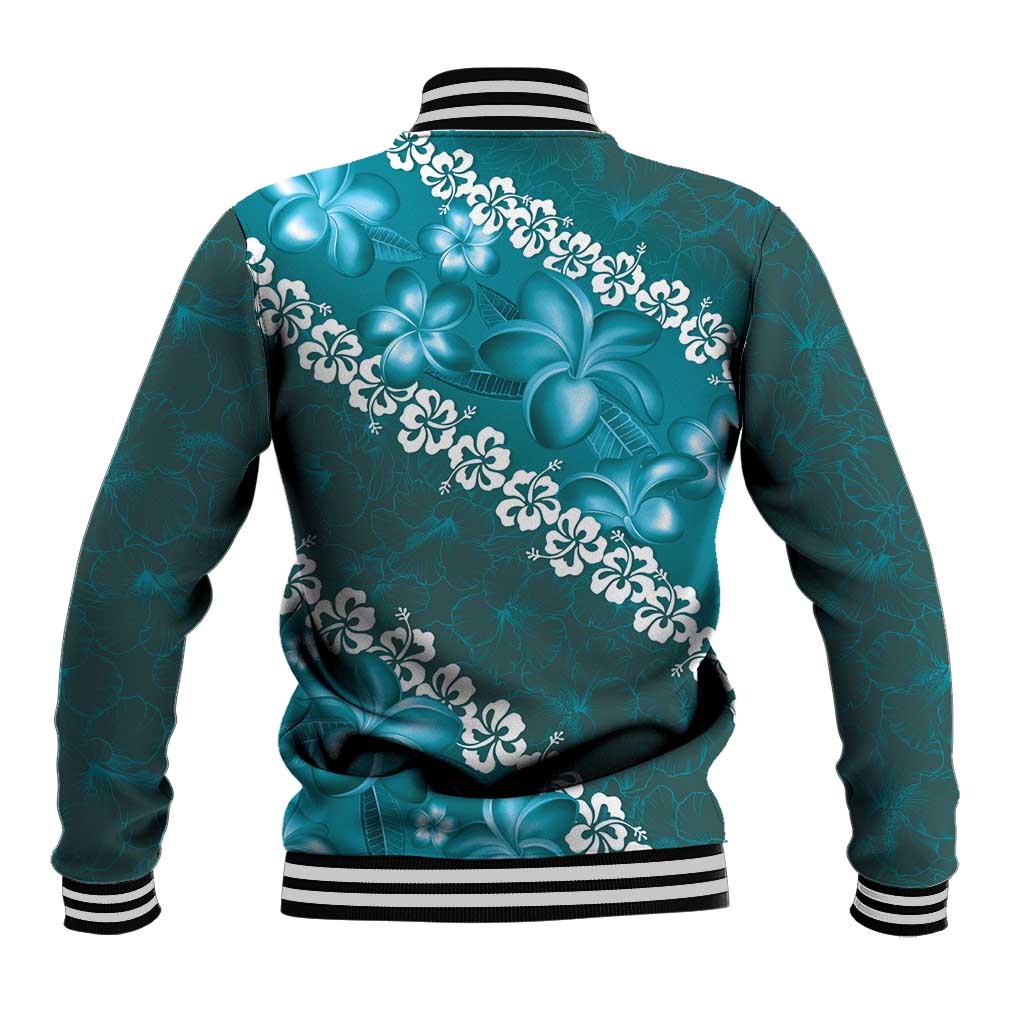 Vintage Dark Cyan Polynesia Baseball Jacket Plumeria With Hibiscus Tropical Vibes