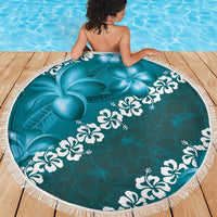 Vintage Dark Cyan Polynesia Beach Blanket Plumeria With Hibiscus Tropical Vibes